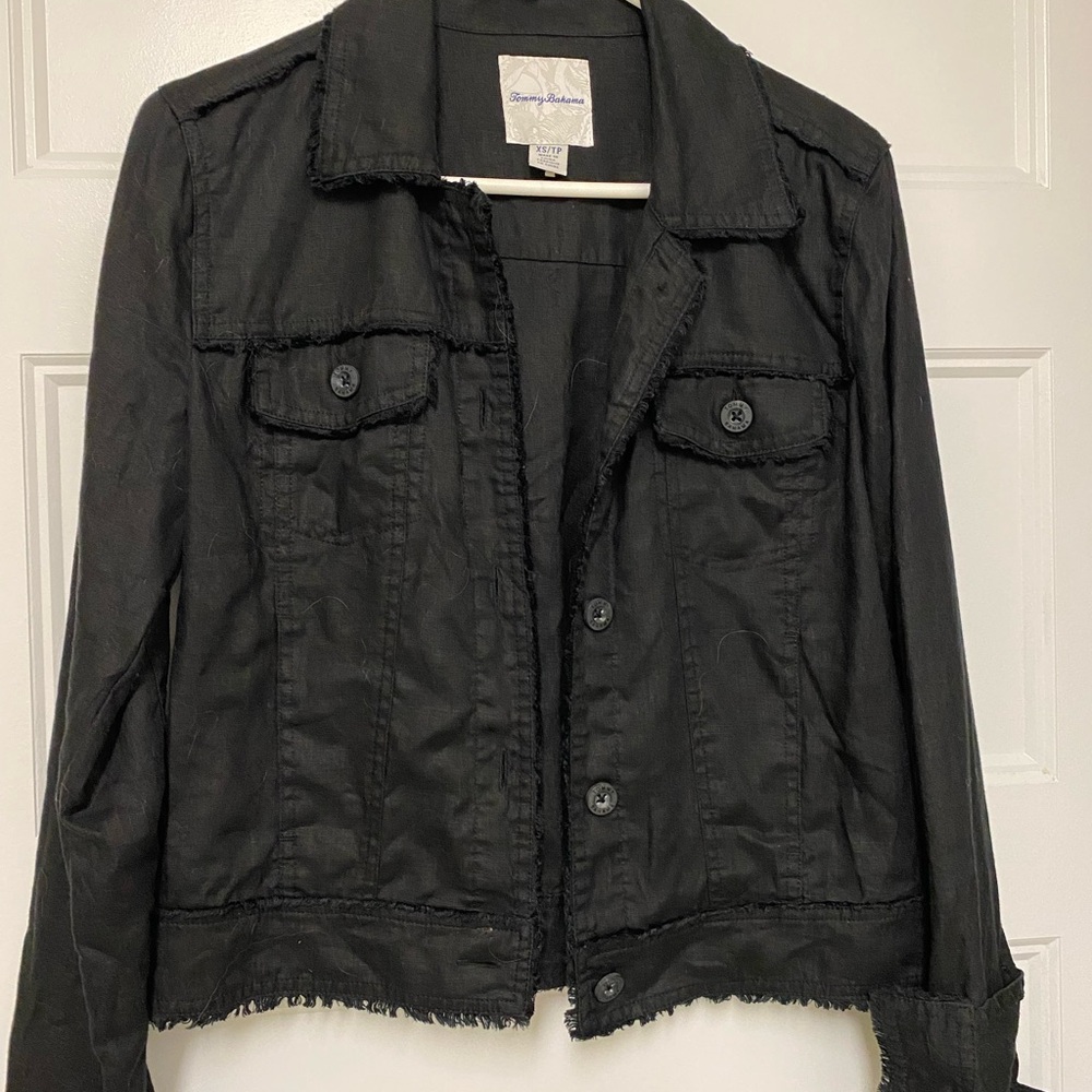 Tommy Bahama 100% Linen Women's Black Frayed Hem Jean Jacket
